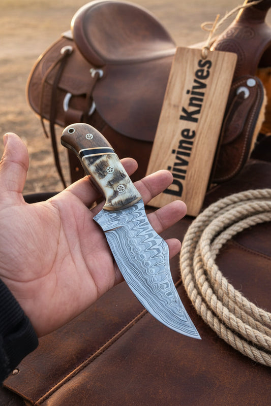 Small Cowboy Bowie with Feather Damascus Blade and Wood-Bone Handle