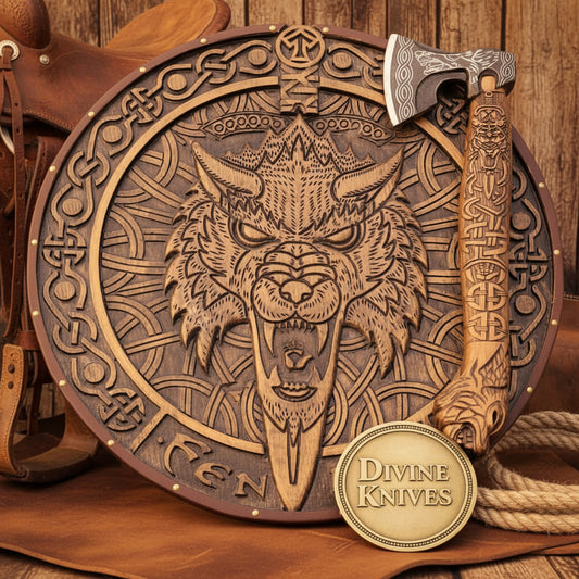 Fenrir Wolf Damascus Axe with Carved Wolf Handle and Matching Shield