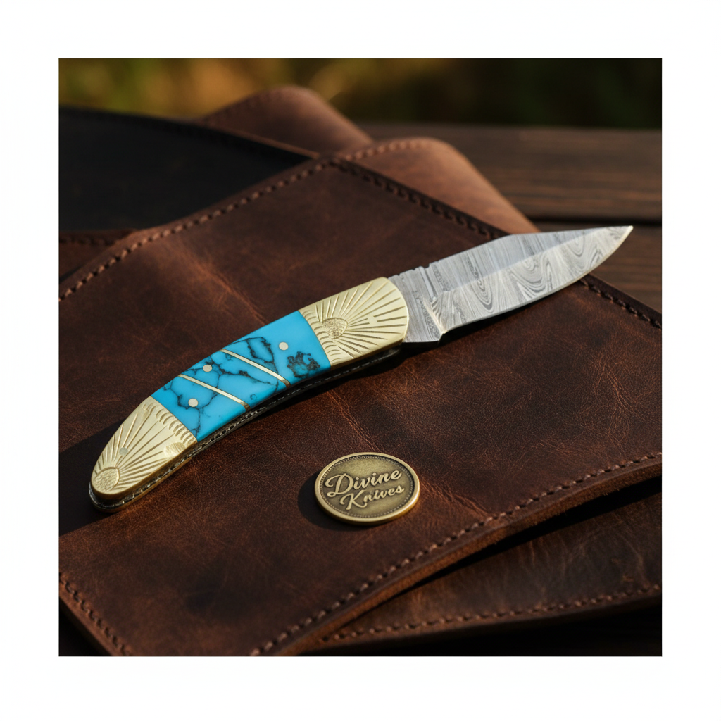 Engraved Brass Bolster Damascus Folder with Turquoise Scales and Sharpening Rod