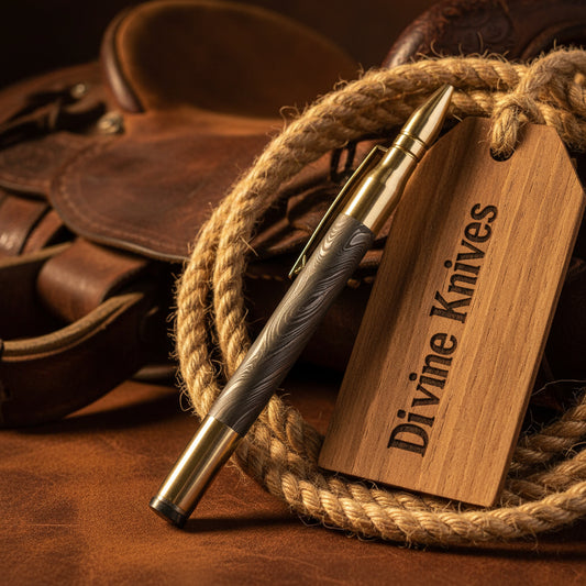 Damascus Rifle Bullet Pen with Forged Wood Grain Damascus Barrel