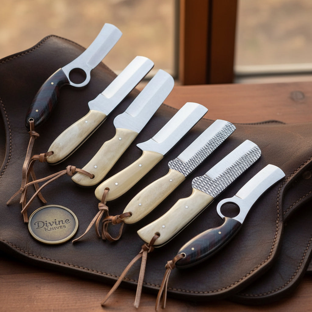 Bull Cutter Knife Set of 5 with Mixed Bone & Buffalo Horn Handles
