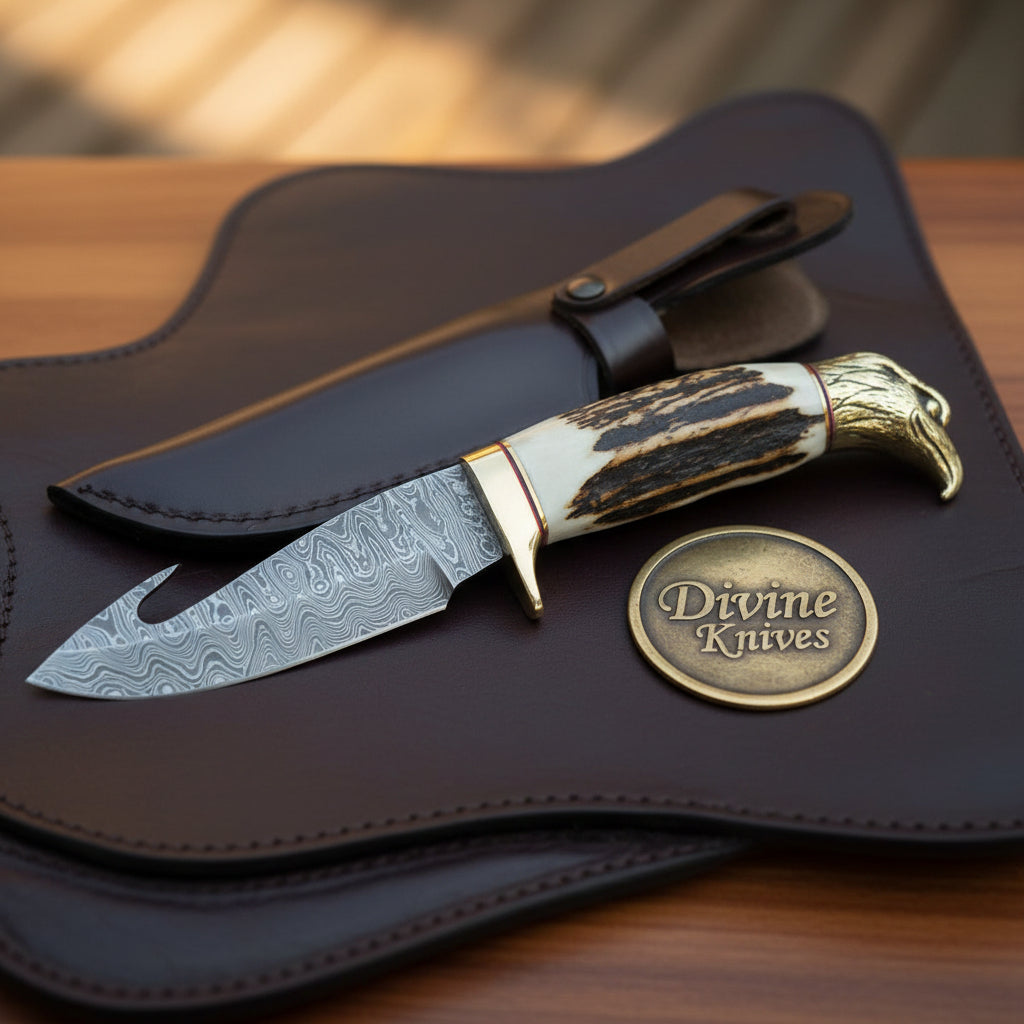 Eagle Head Gut Hook Knife with Cast Brass Pommel and Natural Stag Antler Handle