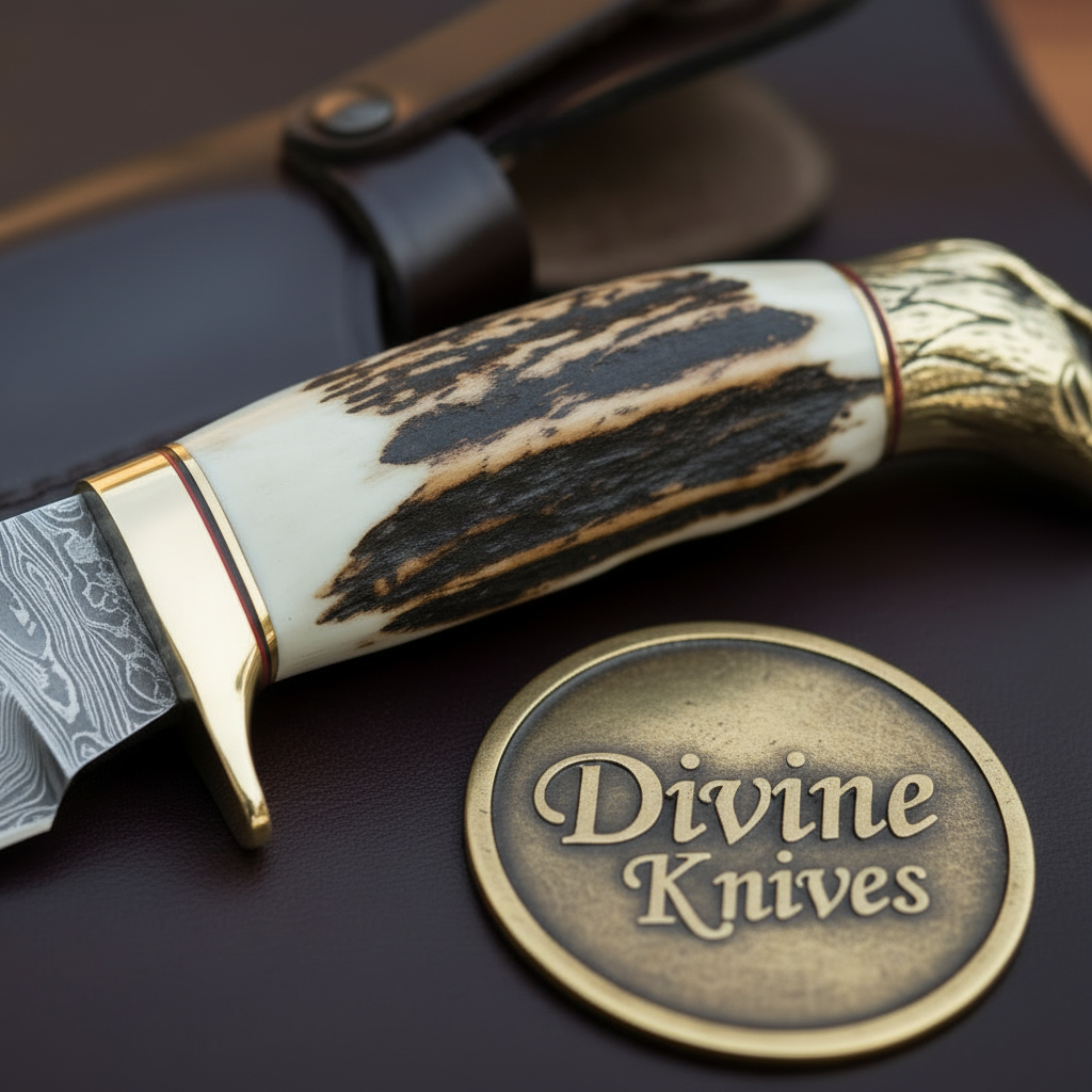 Eagle Head Gut Hook Knife with Cast Brass Pommel and Natural Stag Antler Handle
