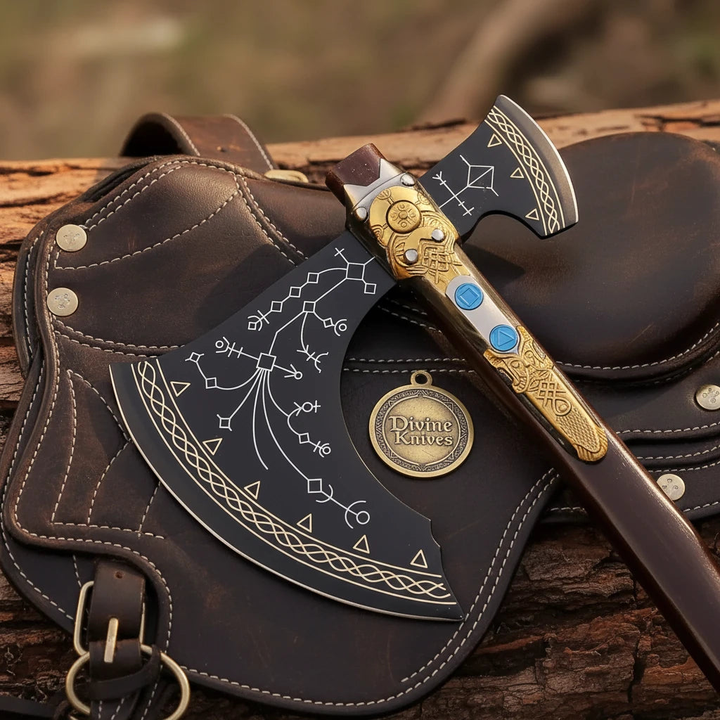 Norse Rune Etched Viking Axe with Gold Brass Bolster & Blue Stone Inlays