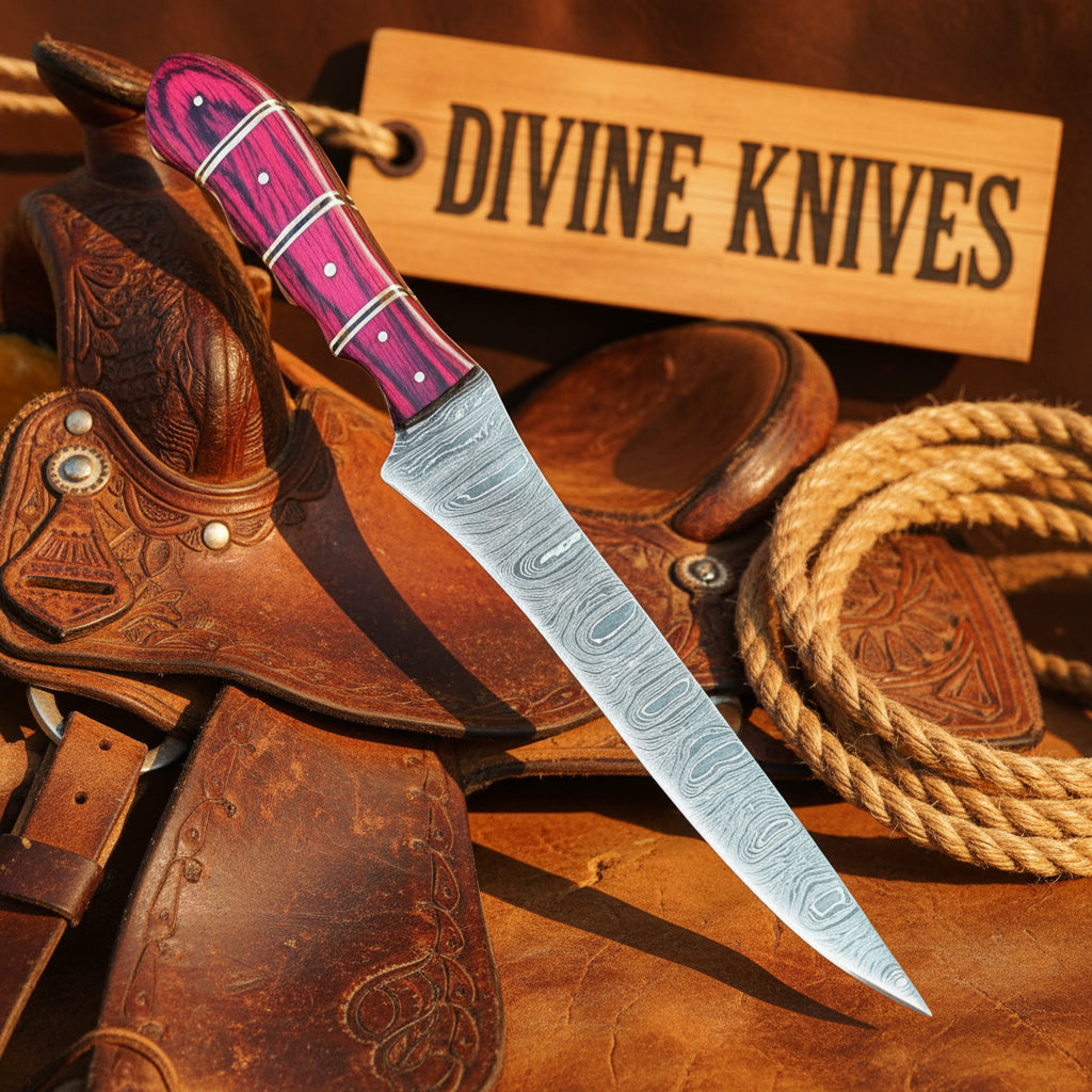 Magenta Damascus Fillet Knife with Bold Banded Handle