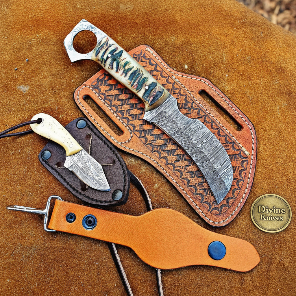 Damascus Ring-Hole Skinner & Neck Knife Set for Field Dressing