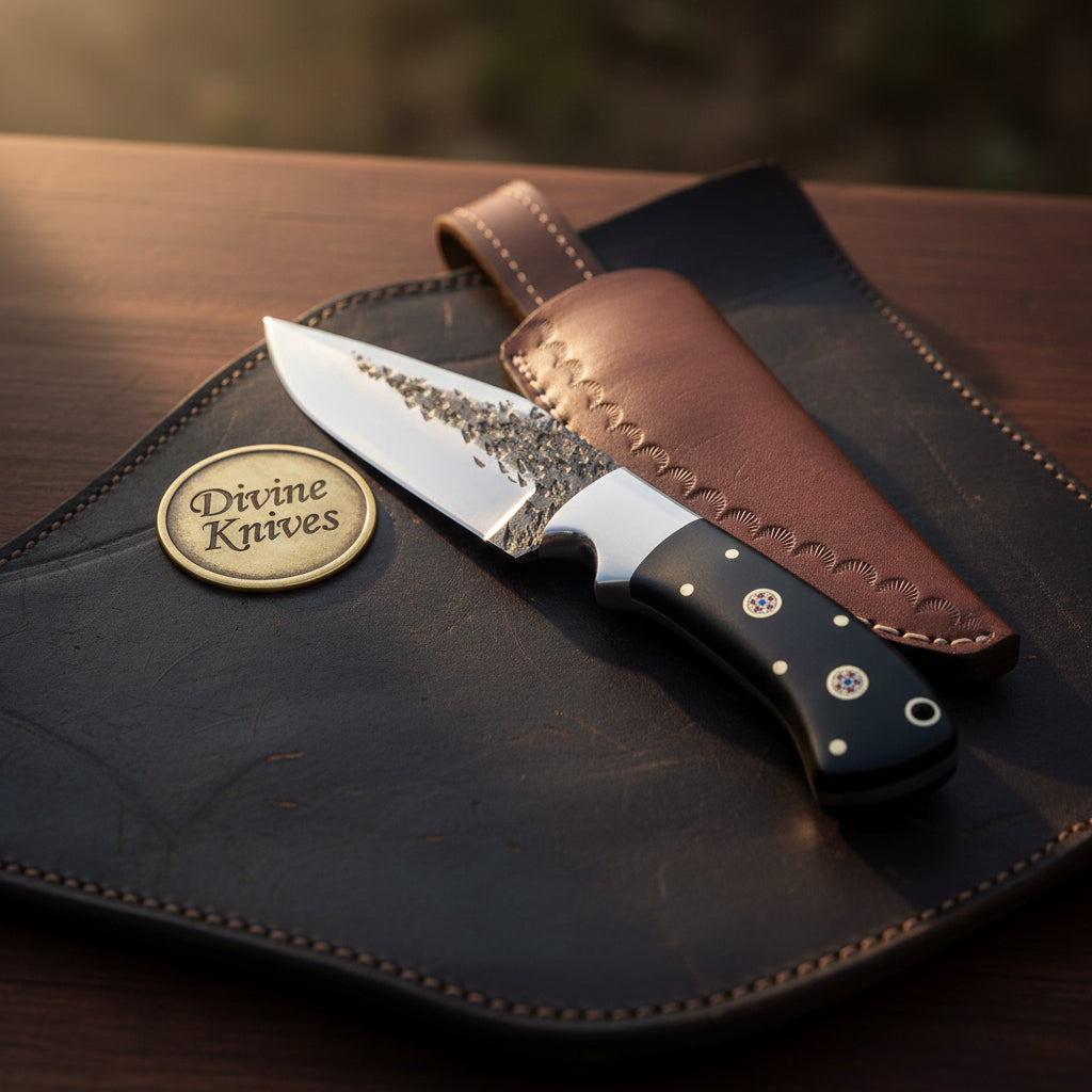 Buffalo Horn Hammered Drop-Point Knife with Natural Horn Grip Handle