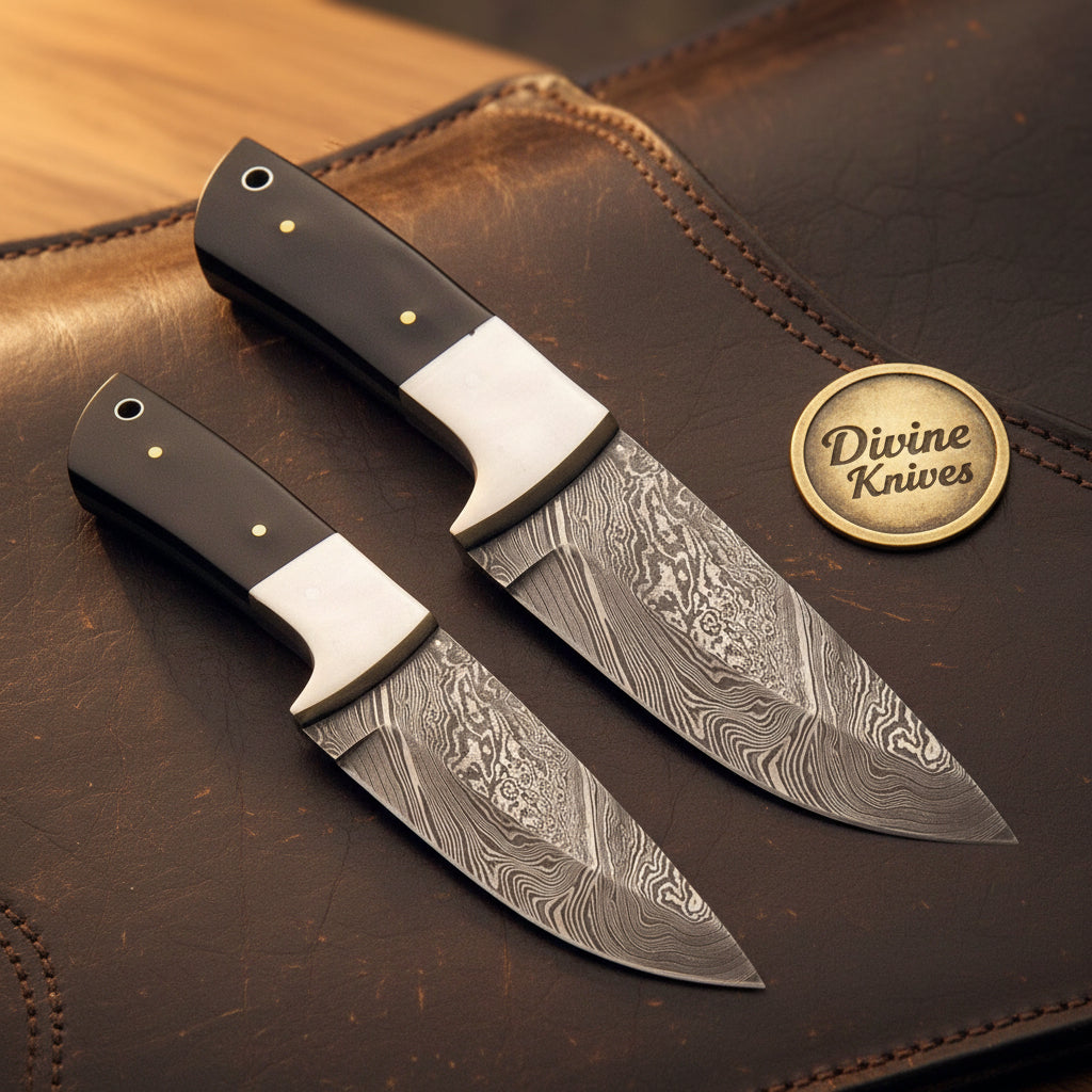 Buffalo Horn Drop Point Damascus Skinner Set with Silver Bolsters