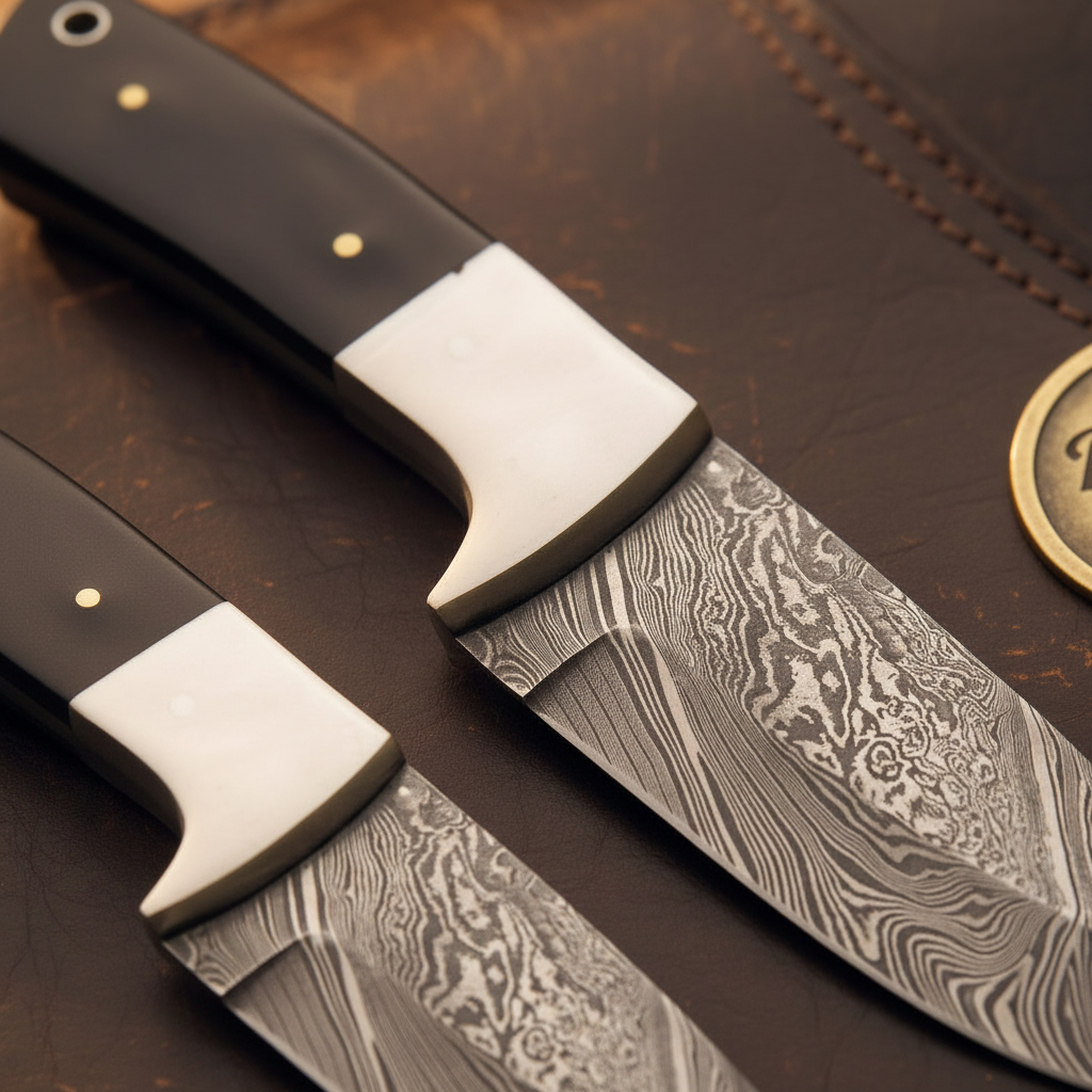 Buffalo Horn Drop Point Damascus Skinner Set with Silver Bolsters