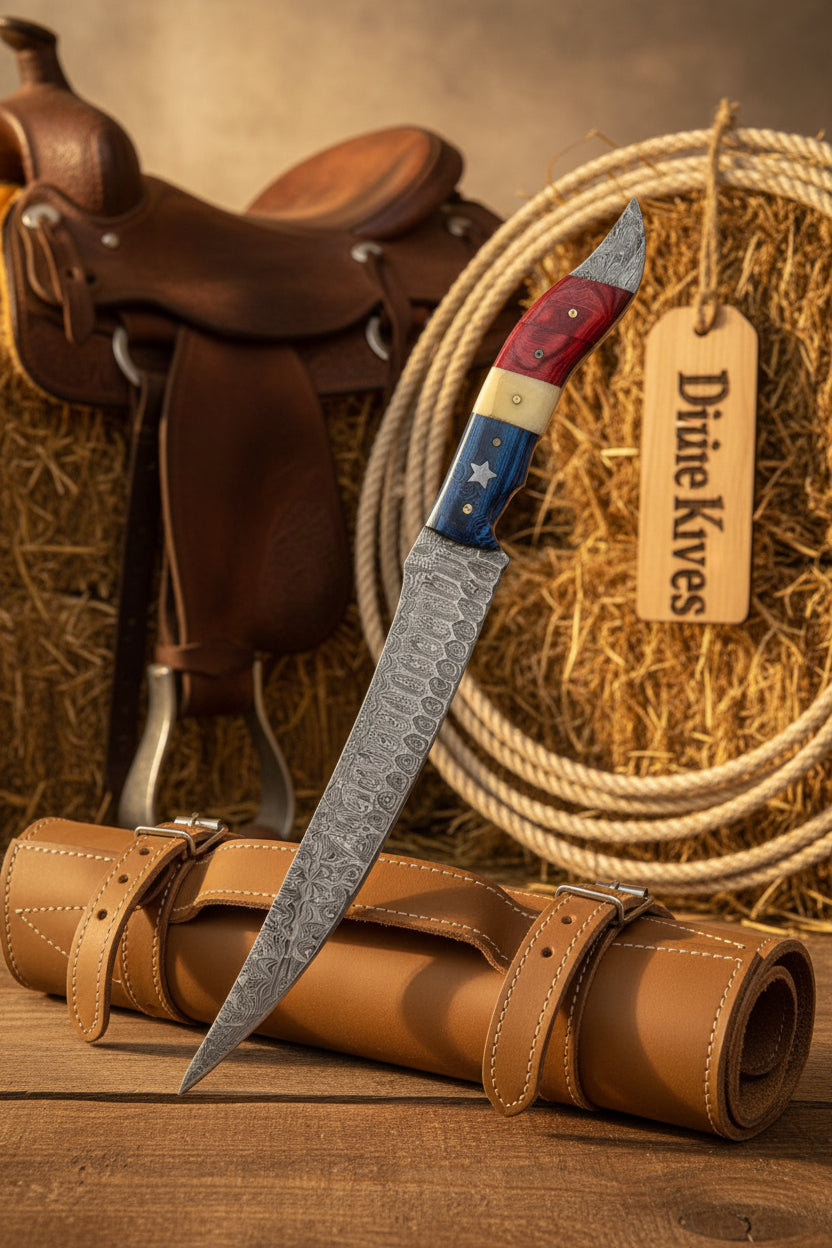 Texas Flag Fillet Knife with Tri-Color Handle for Patriotic Fish Cleaning