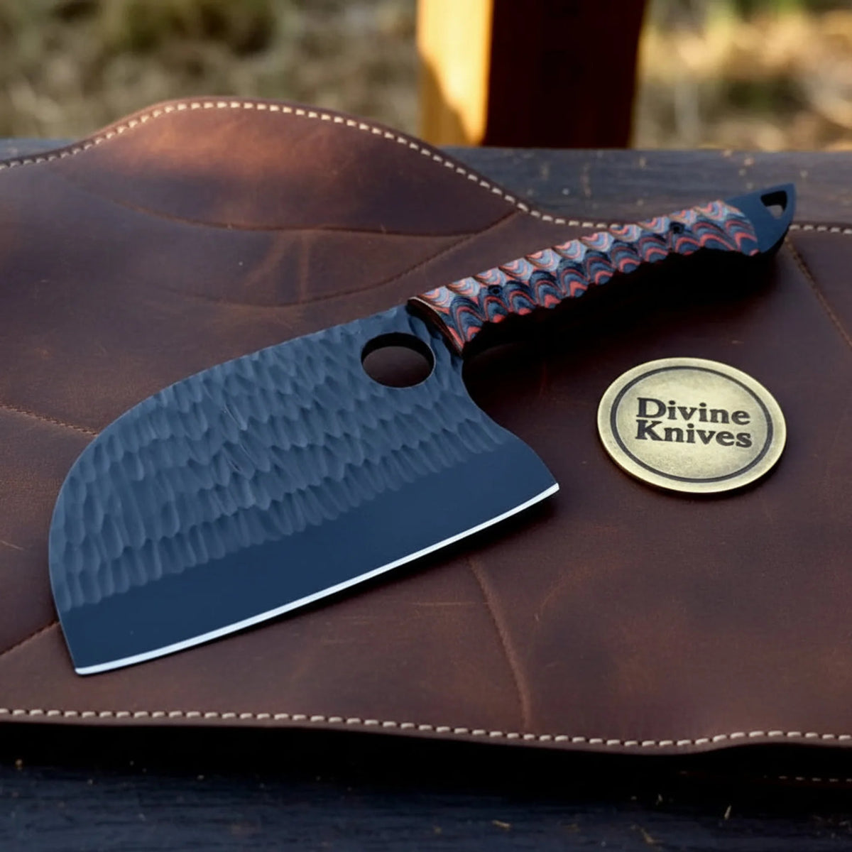 Hand-Forged Serbian Cleaver with Patterned Handle and Ring Cutout