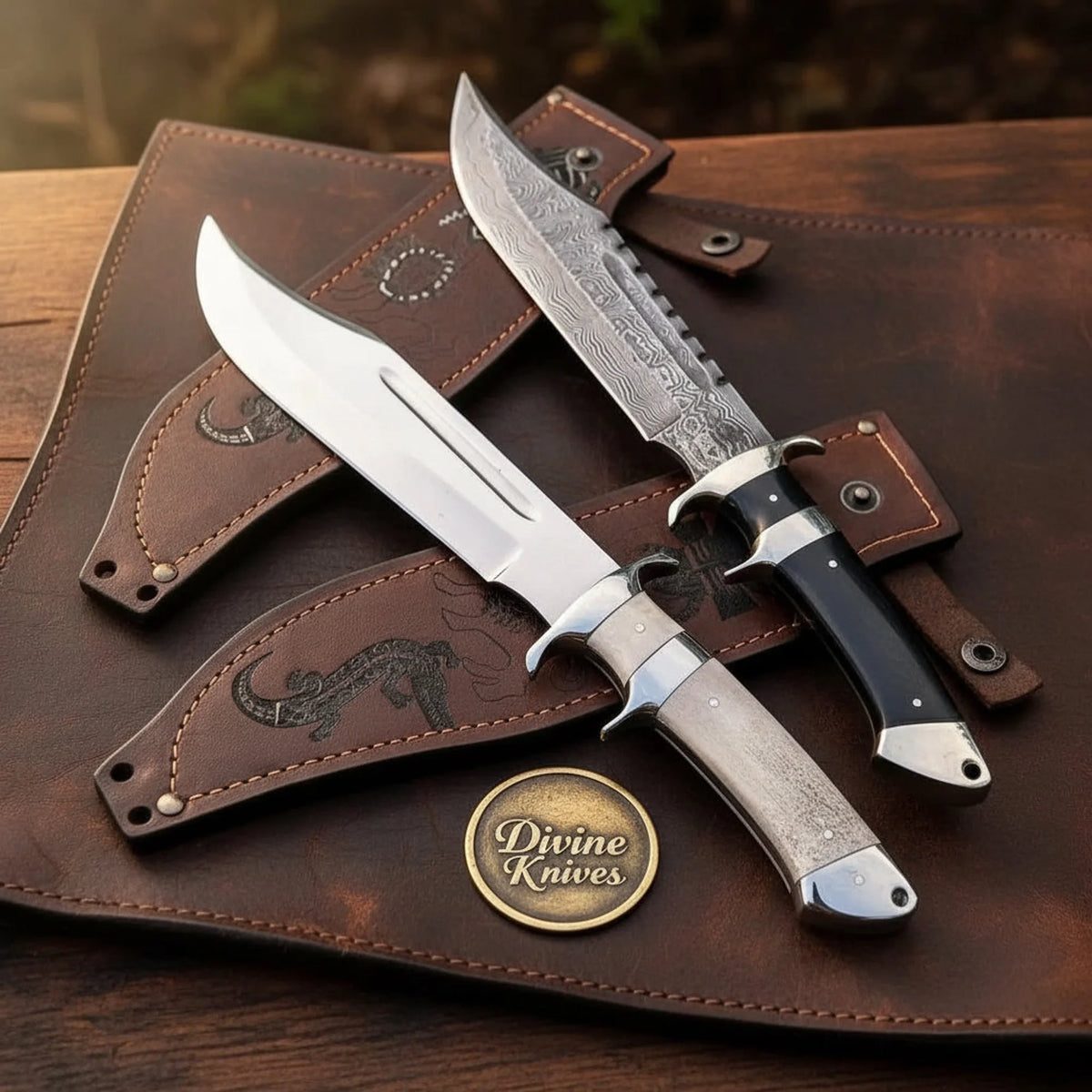 Duohilt Sub-Hilt Bowie Knife Duo with Sawback Damascus Blades