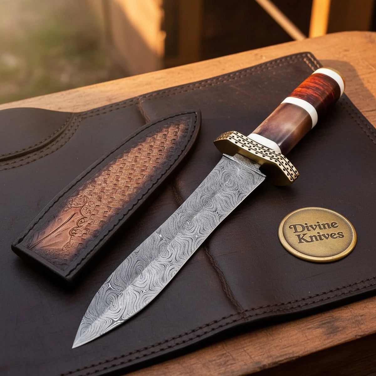 Bone Spacer Handle Spear Point Dagger with Engraved Brass Guard and Basket Weave Leather Sheath
