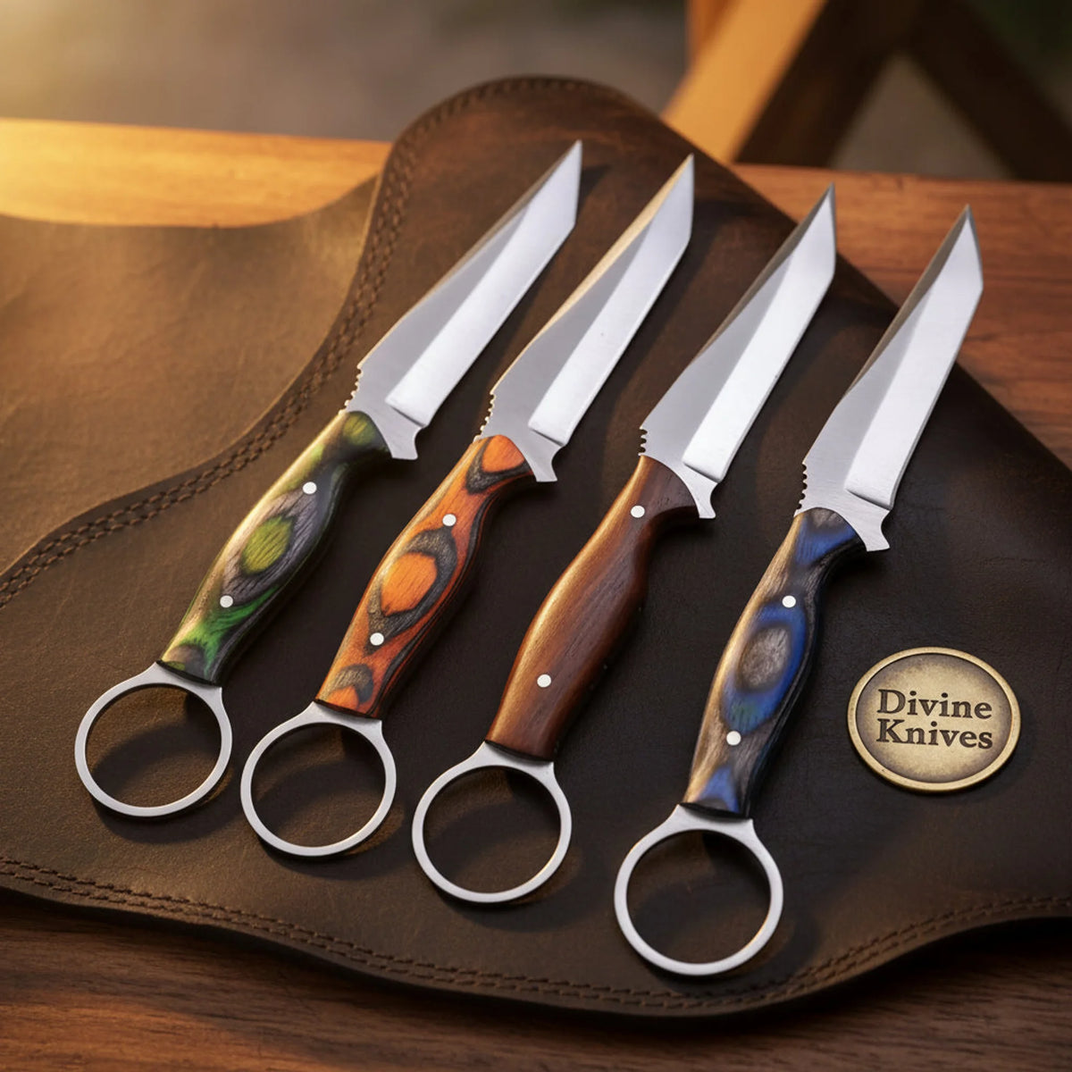 Ring Pommel Steak Knife Set with Colored Pakkawood Handles and Mirror Tanto Blades