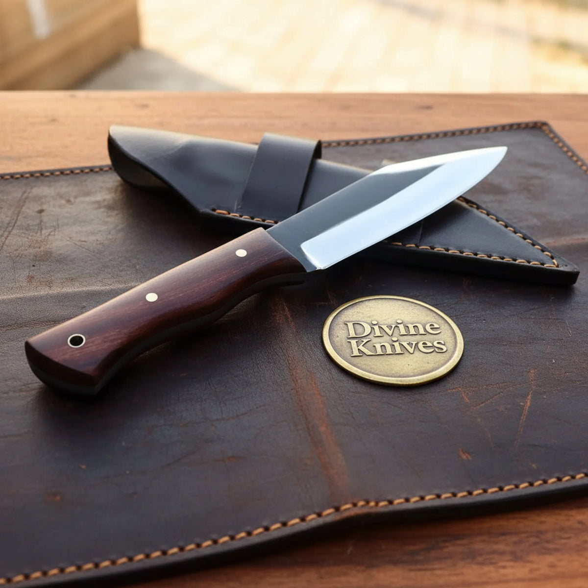Rosewood Handle Drop Point Knife with Satin Blade and Cross Draw Leather Sheath