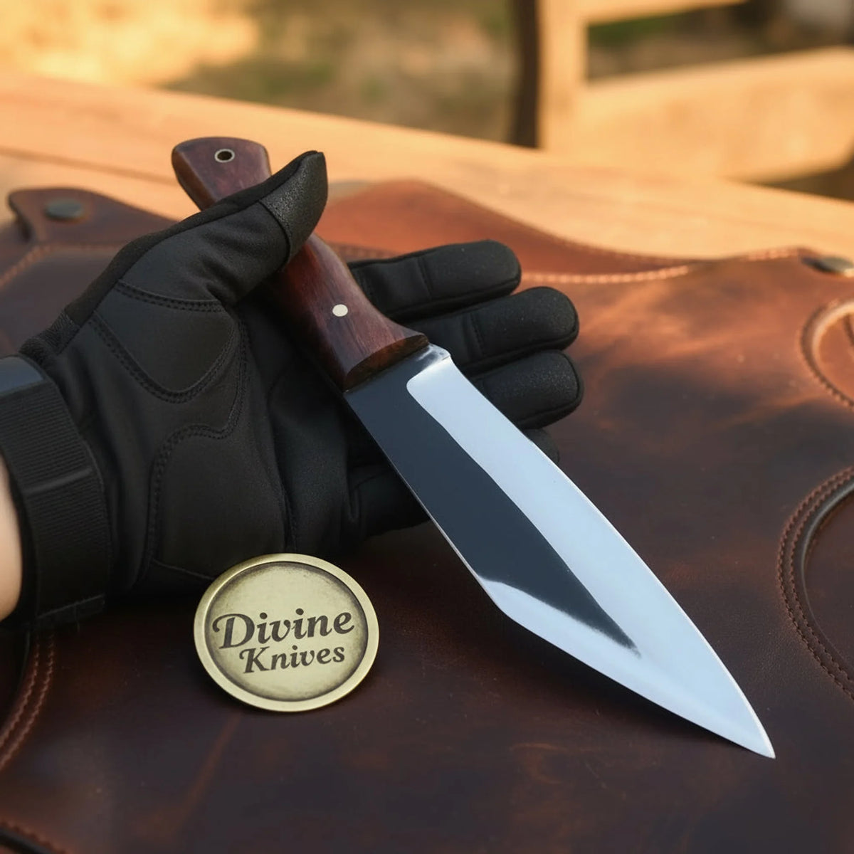 Rosewood Handle Drop Point Knife with Satin Blade and Cross Draw Leather Sheath