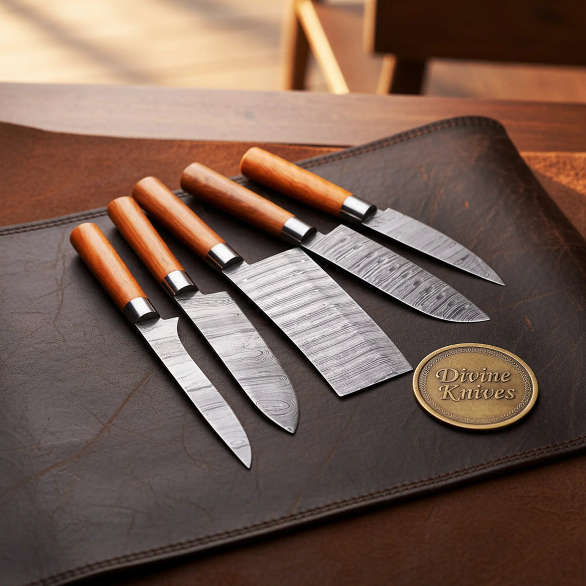 Octagonal Wood Handle Chef Knife Set with Layered Steel Blades and Steel Ferrules