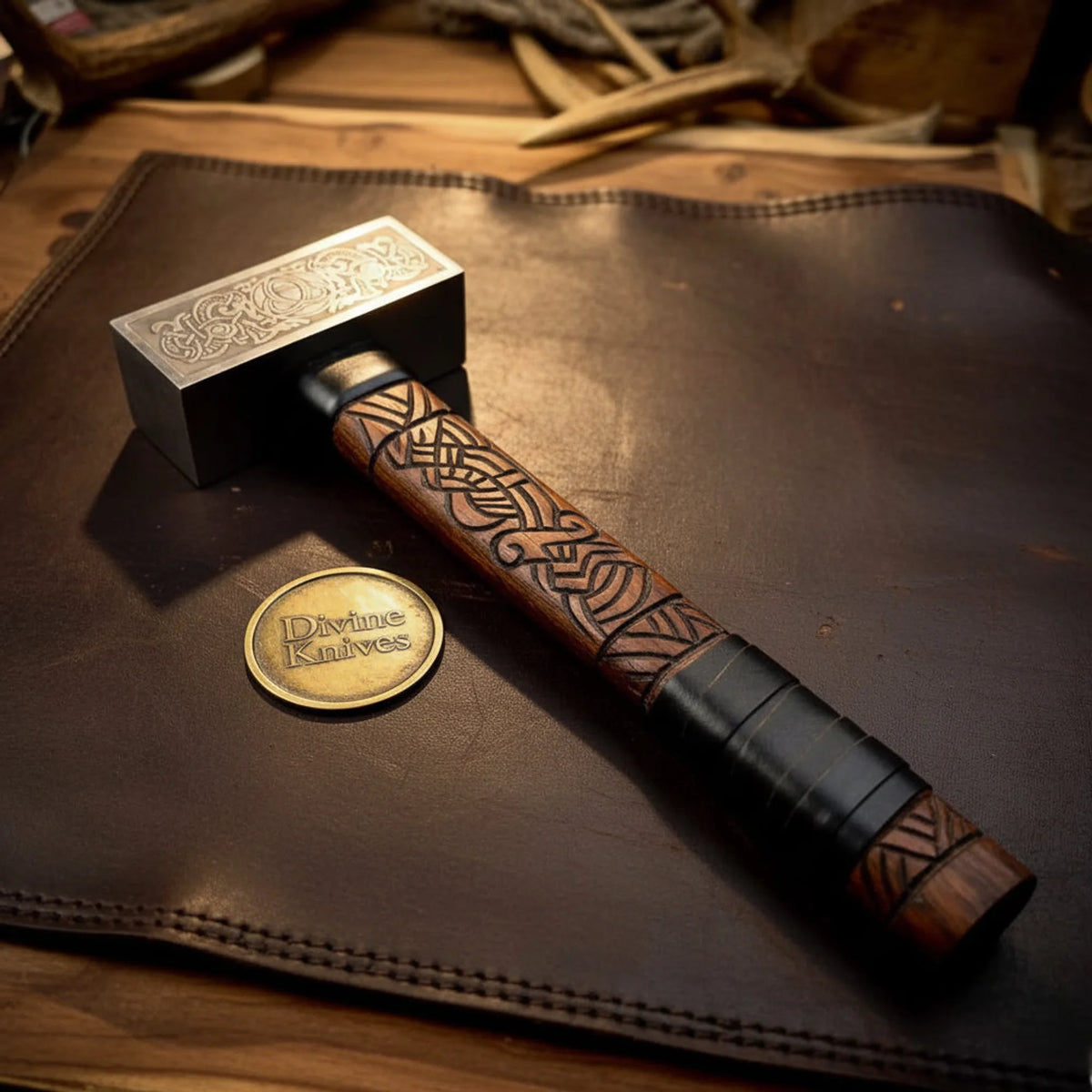 Engraved Norse War Hammer with Knotwork Carved Handle and Leather Wrapped Grip