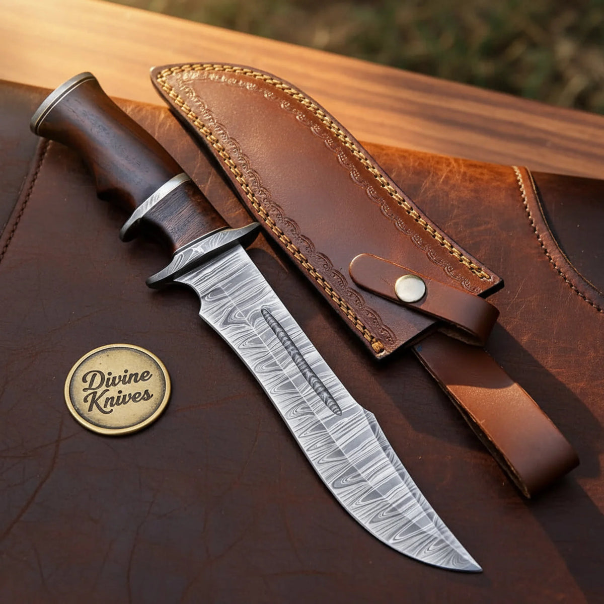 Walnut Handle Clip Point Bowie Knife with Fullered Layered Blade and Tooled Leather Sheath