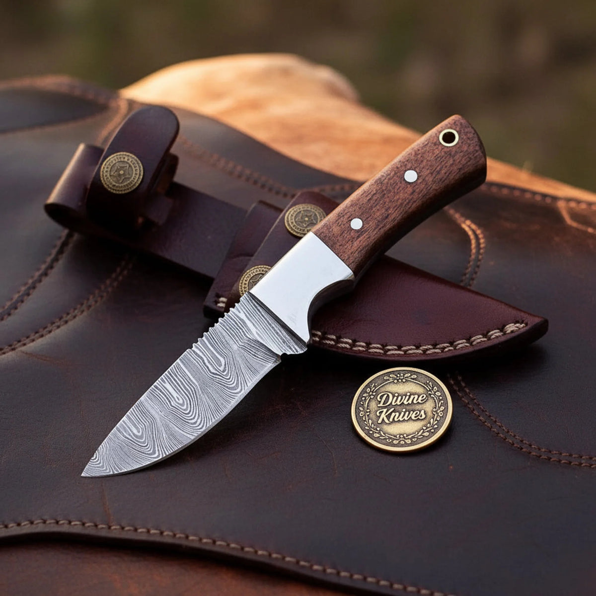 Walnut Drop Point Bushcraft Knife with Wood Handle and Jimping