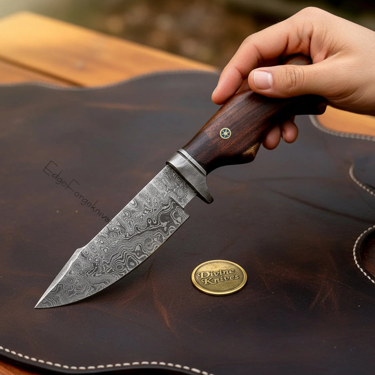Damascus Bigcat Hunting Knife with Drop-Point Blade and Dark Wood Handle
