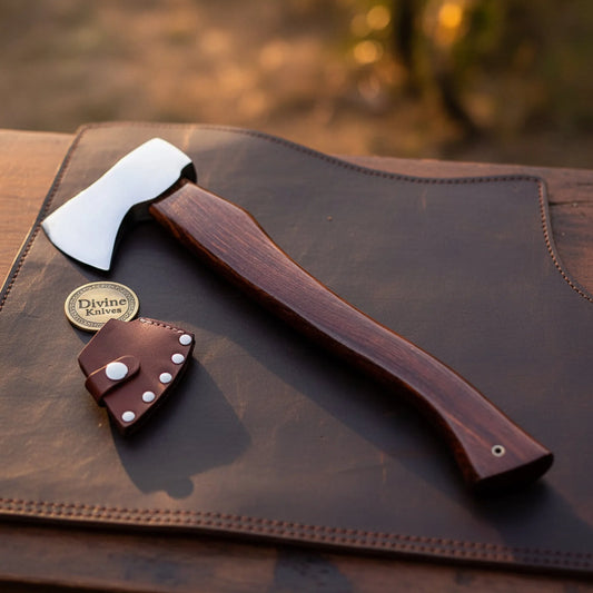 Carbon Steel Camping Hatchet with Dark Wood Handle and Leather Sheath