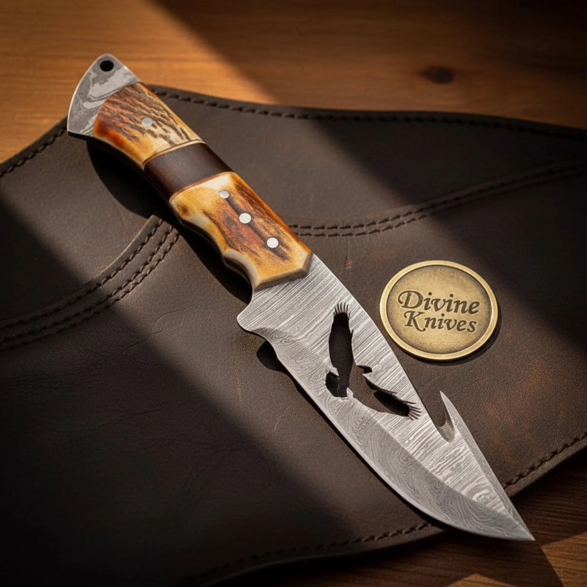 Eagle Talon Gut Hook Knife with Bird Cutout Blade and Antler Handle