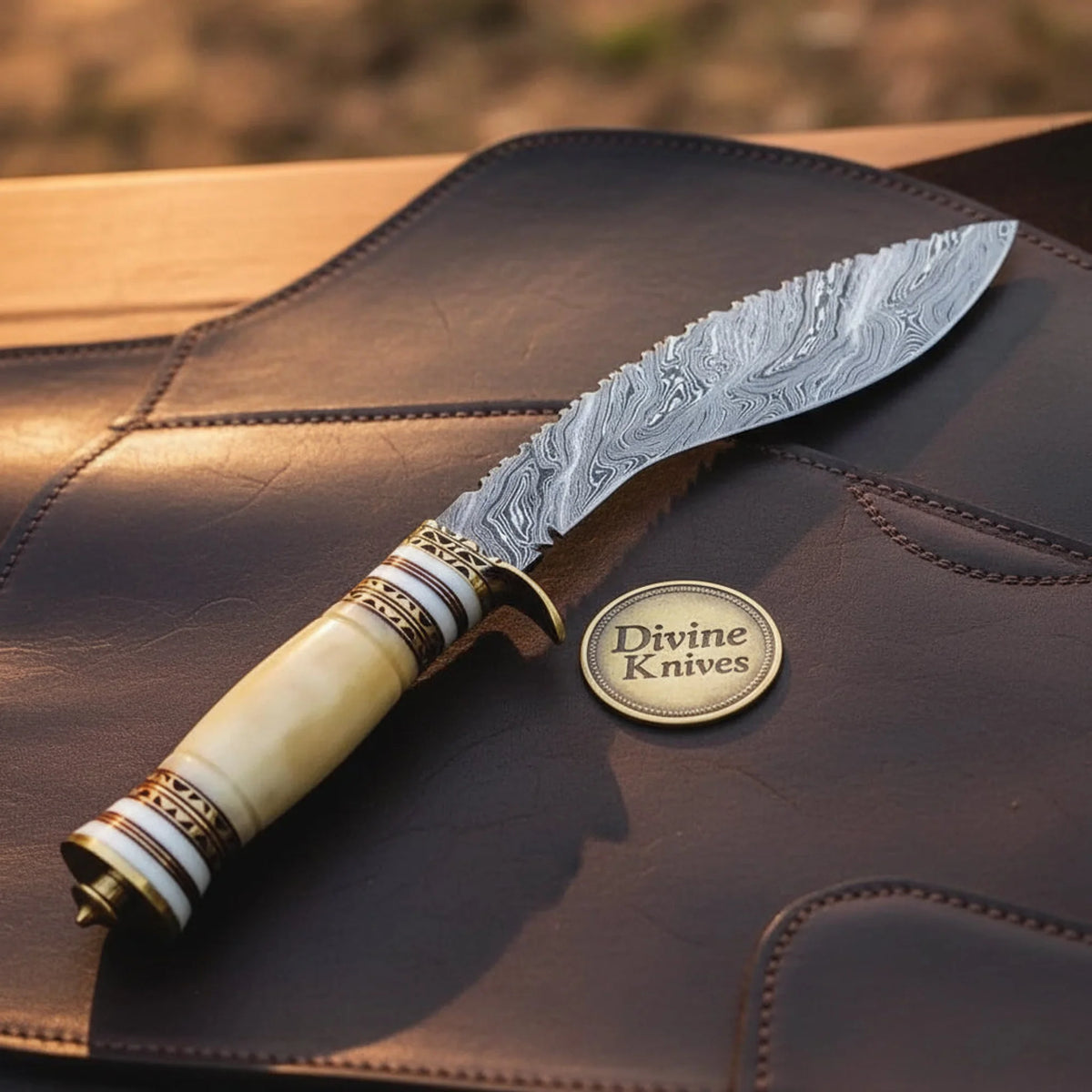 Damascus Stacked Bone Kukri with Layered Curved Blade