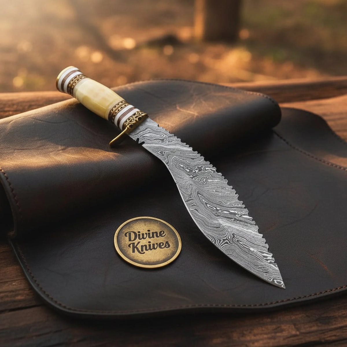 Damascus Stacked Bone Kukri with Layered Curved Blade