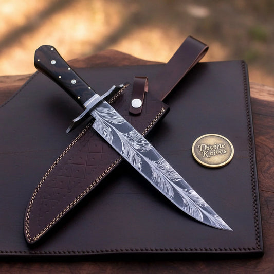 Coffin Handle Damascus Feather Bowie – Feather Pattern Blade with Dark Wood Handle
