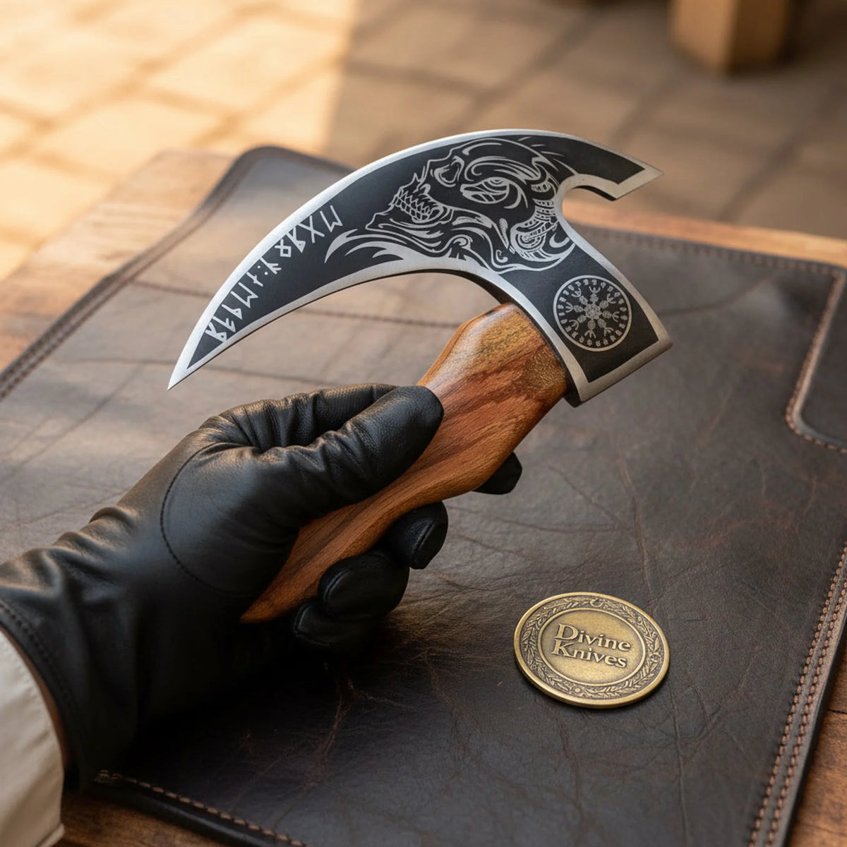 Skull Viking Pizza Axe with Engraved Head and Wood Handle