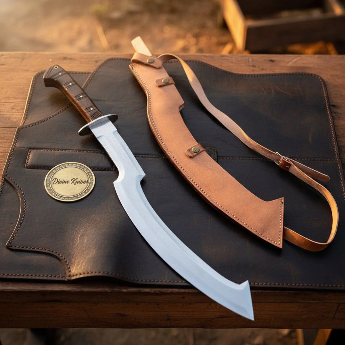 Polished Egyptian Khopesh Sword with Wood Handle and Leather Sheath