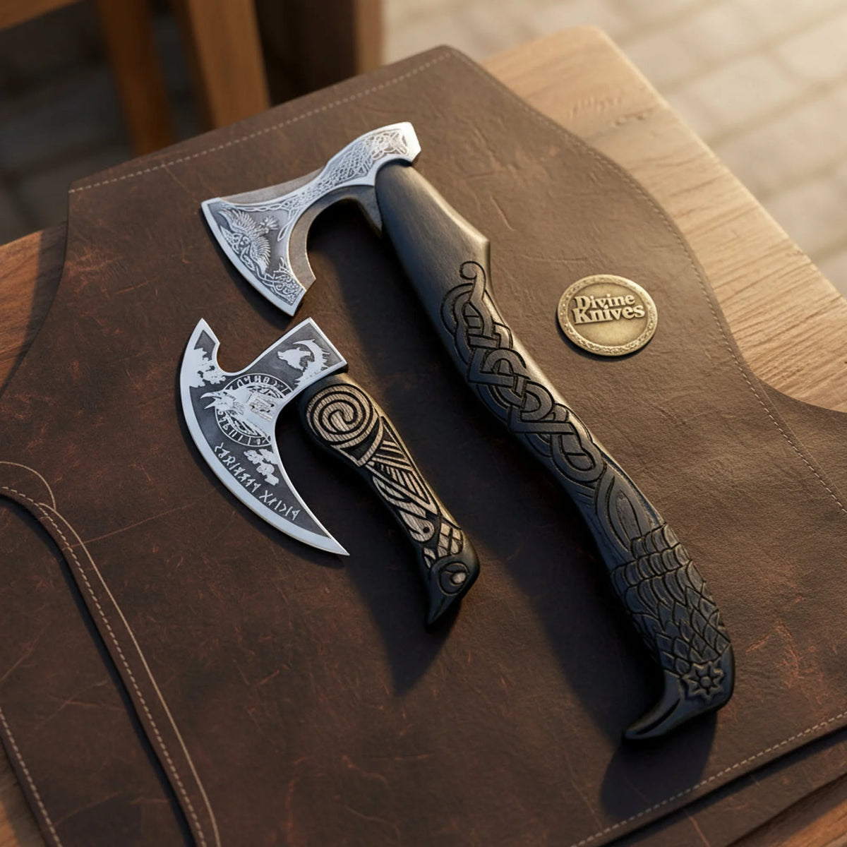Norse Raven Carved Hatchet Set with Detailed Engravings and Carved Handles