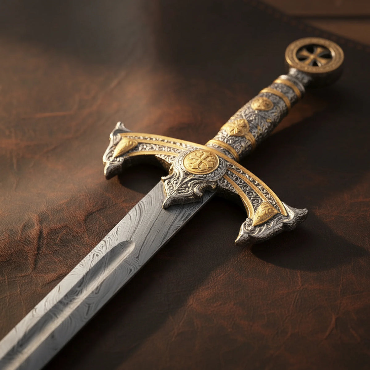 Goldhilt Damascus Gold Cross Medieval Sword with Fullered Blade