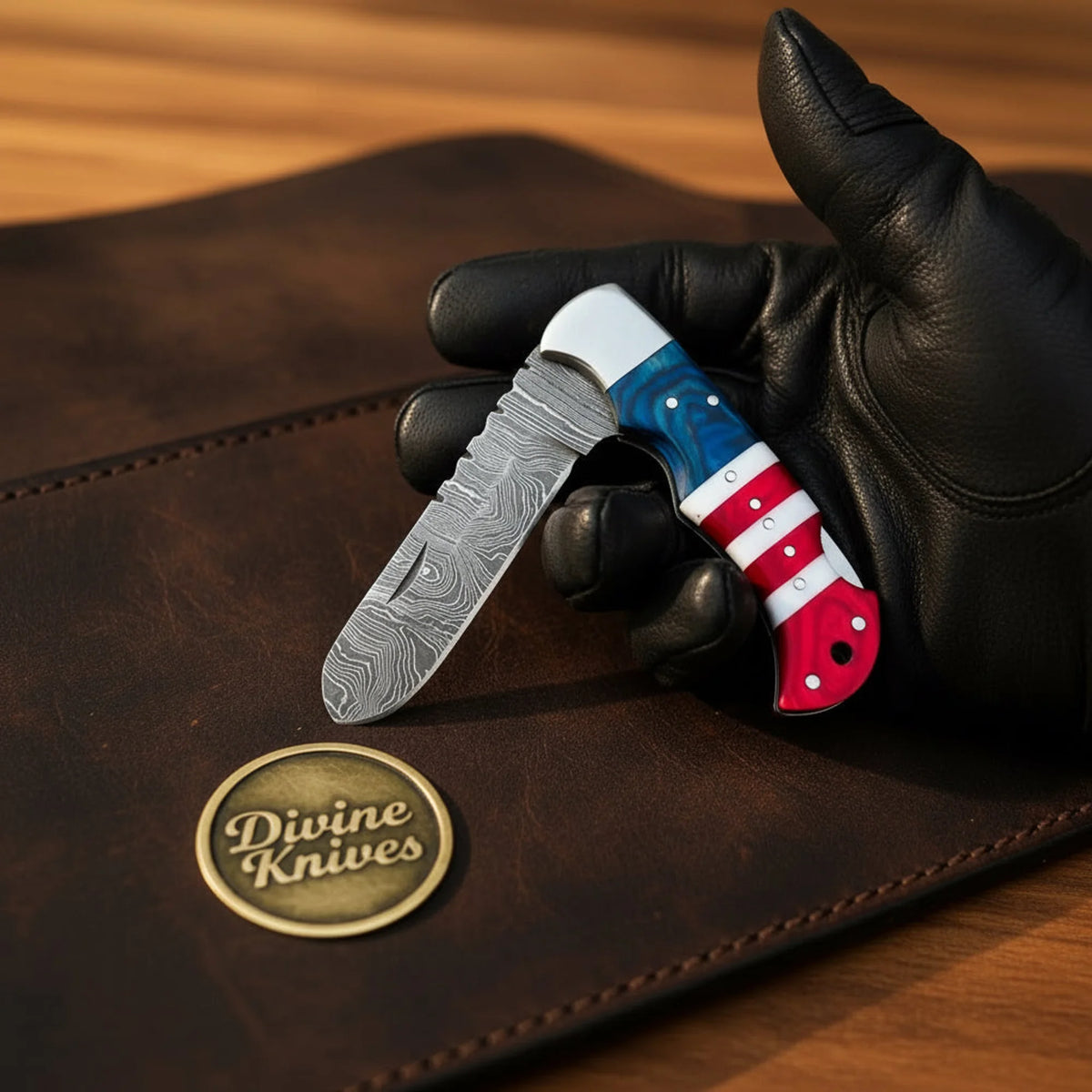 Damascus American Lock Back Folder with Red White Blue Handle