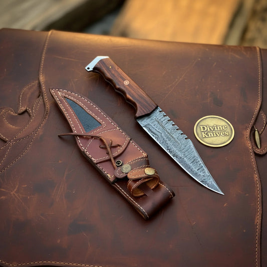 Rosewood Damascus Sawback Bowie with Notched Spine and Wood Handle