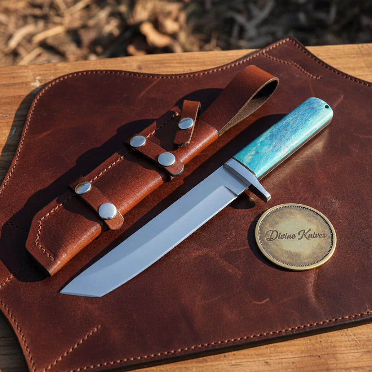 Blue Swirl Resin Japanese Tanto Knife with Angled Tip and Resin Handle