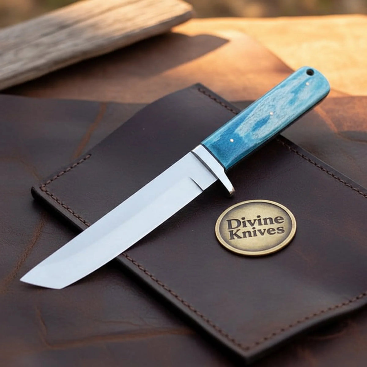 Blue Swirl Resin Japanese Tanto Knife with Angled Tip and Resin Handle