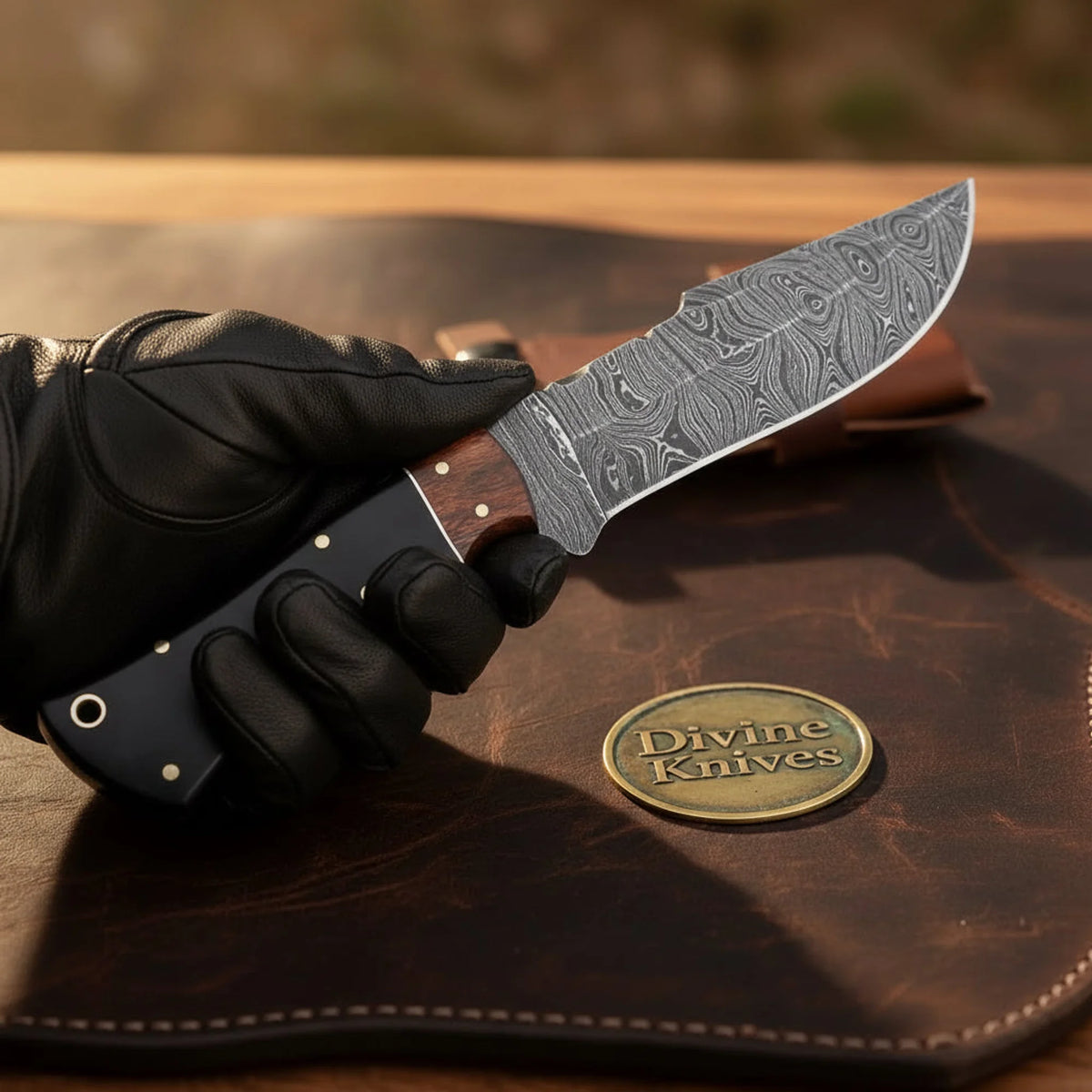 Damascus Filework Drop Point Hunter with Notched Spine and Dark Handle