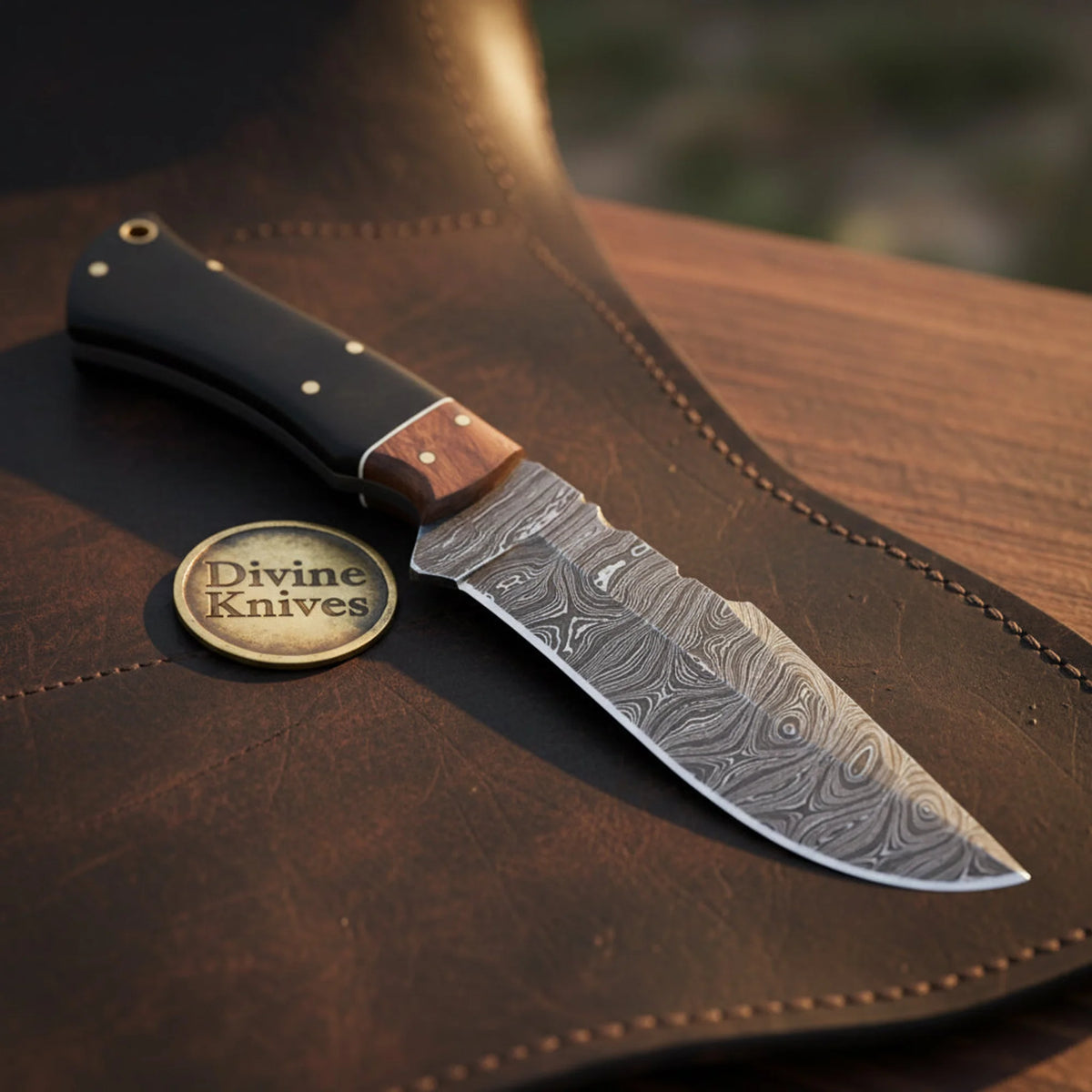 Damascus Filework Drop Point Hunter with Notched Spine and Dark Handle
