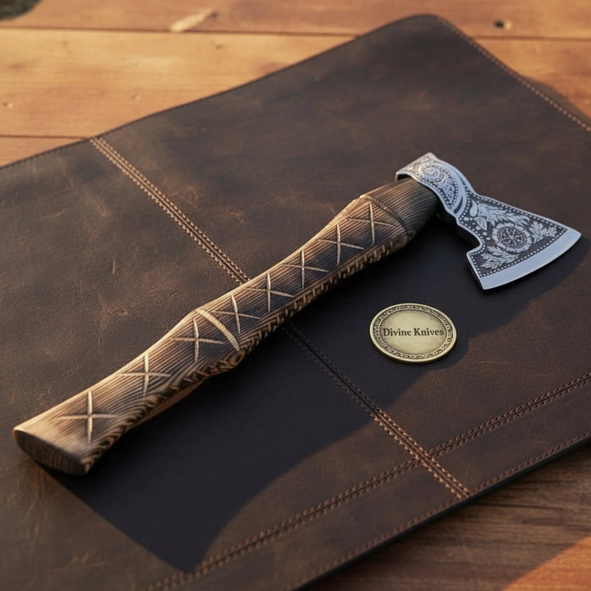 Vegvisir Viking Norse Compass Axe with Cut Stave and Knotwork Head