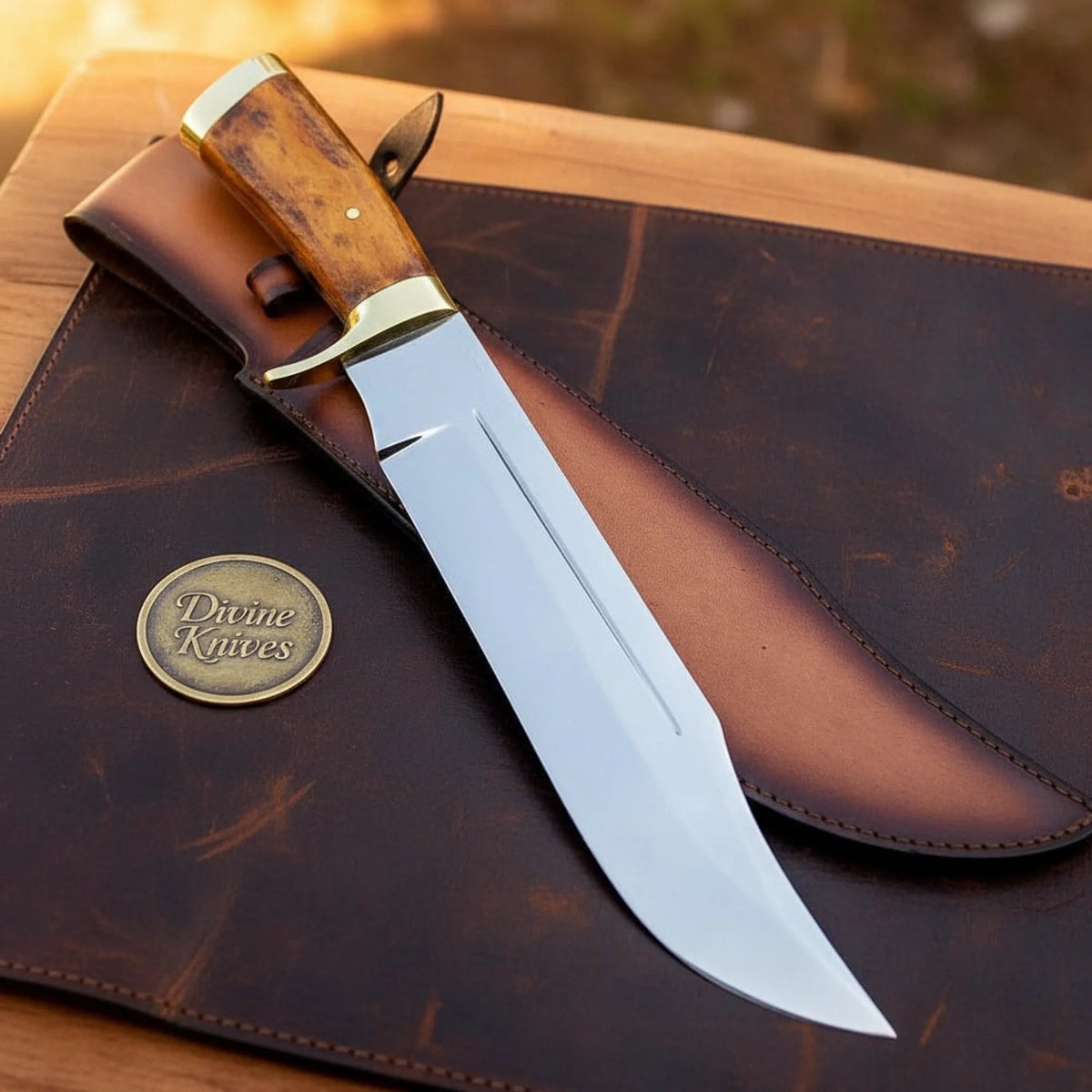 Stag Handle Bowie Knife with Fullered Mirror Blade and Brass Guard