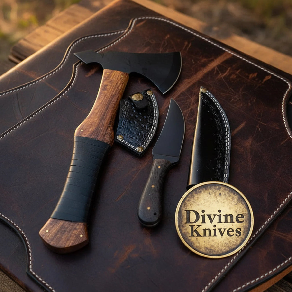 Camp Hatchet and Knife Set with Blackened Heads and Tooled Leather Sheaths
