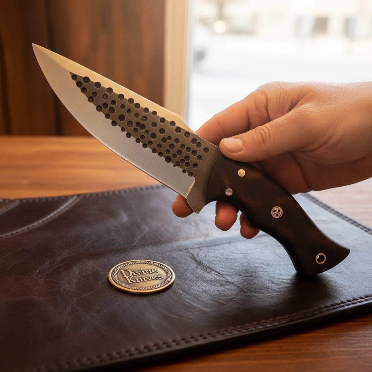 Hammer-Forged Dimpled Bushcraft Knife with Dark Wood Handle