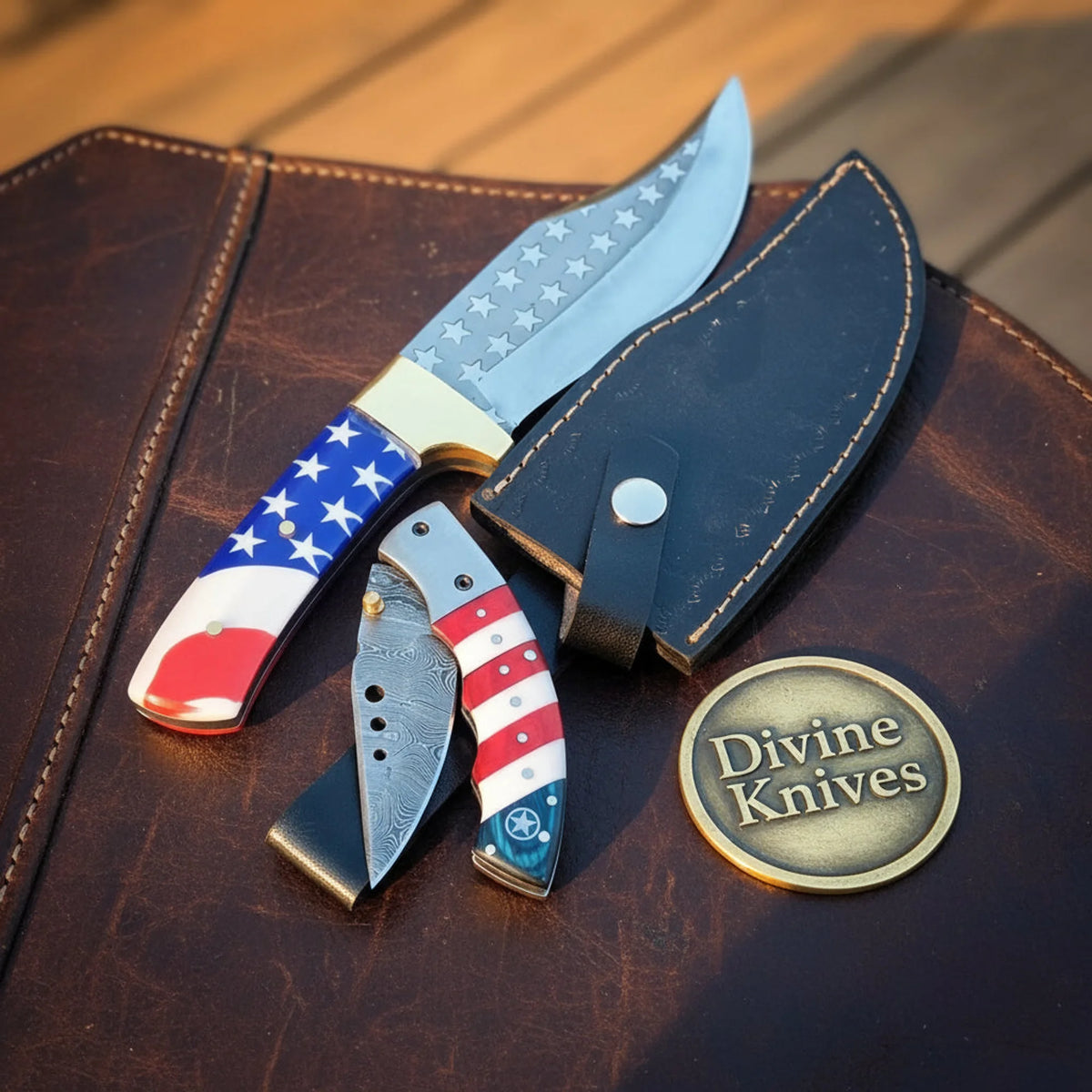 Starfield American Flag Bowie Combo Set with Damascus Folder