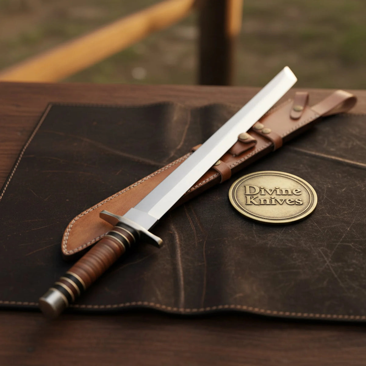 Polished Steel Tanto Sword with Wrapped Handle and Leather Sheath