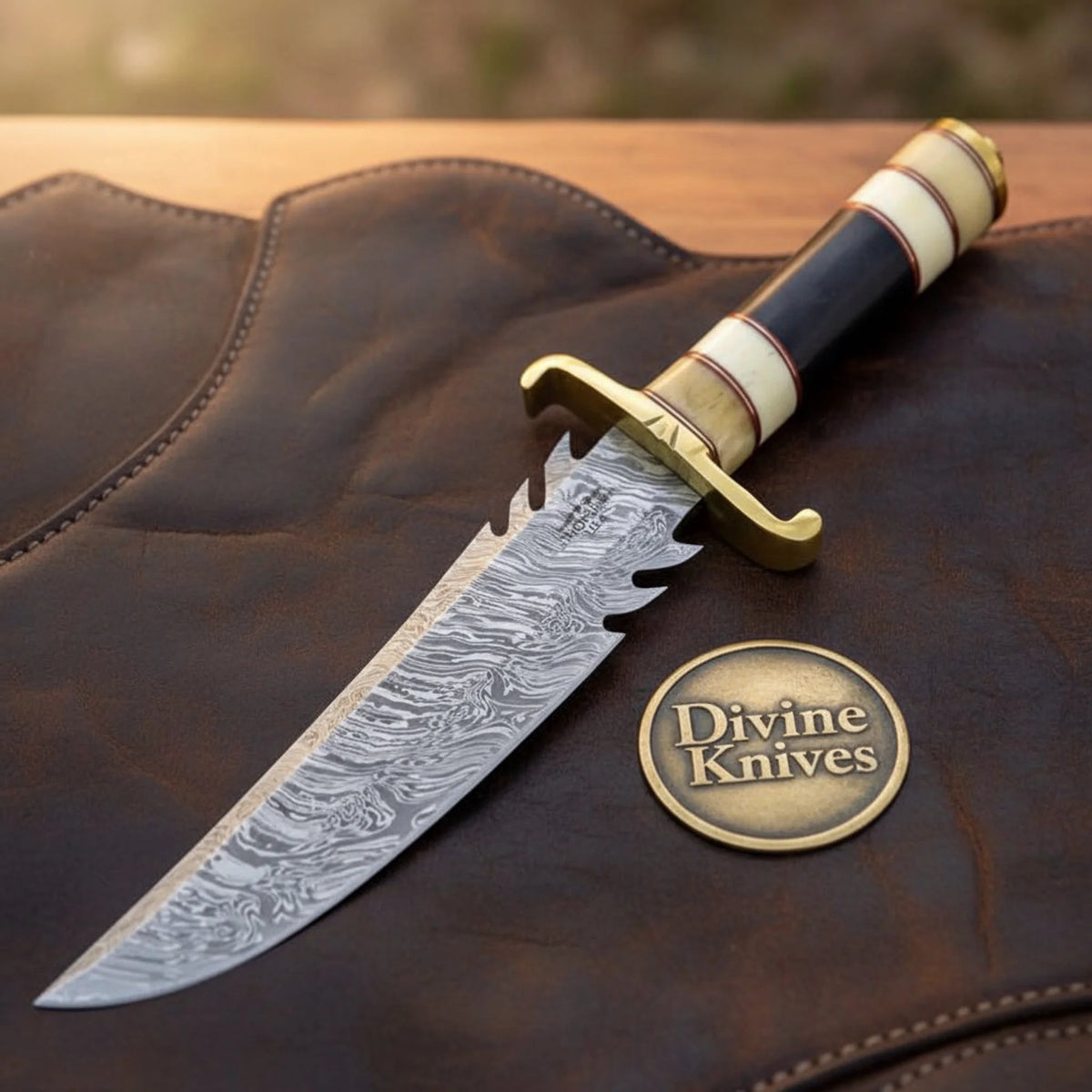 Stacked Bone Damascus Sawback Bowie with Alternating Bone Handle