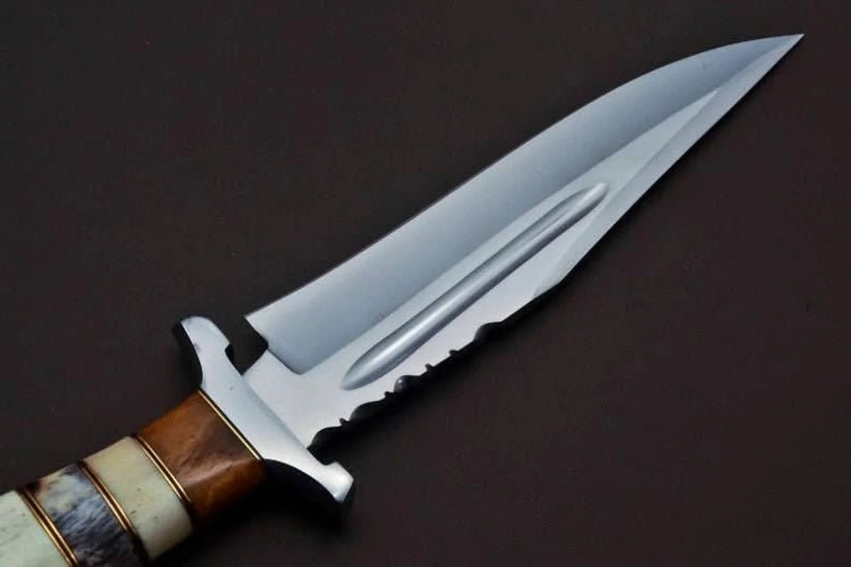 Bone Stacked Blood Groove Clip Point Bowie with Polished Blade