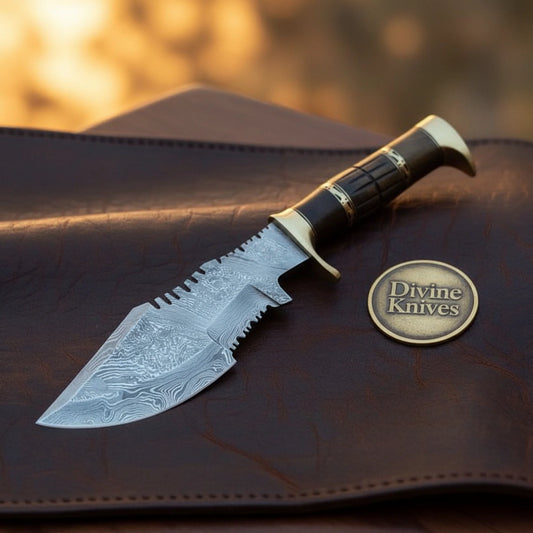 Sawback Grooved Ebony Damascus Survival Tracker with Functional Spine
