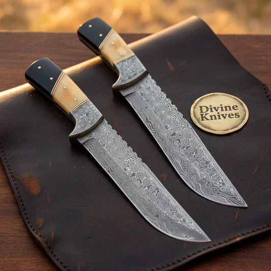 Horn and Bone Hunting Knife Pair with Forged Bolsters and Matched Clip Point Blades